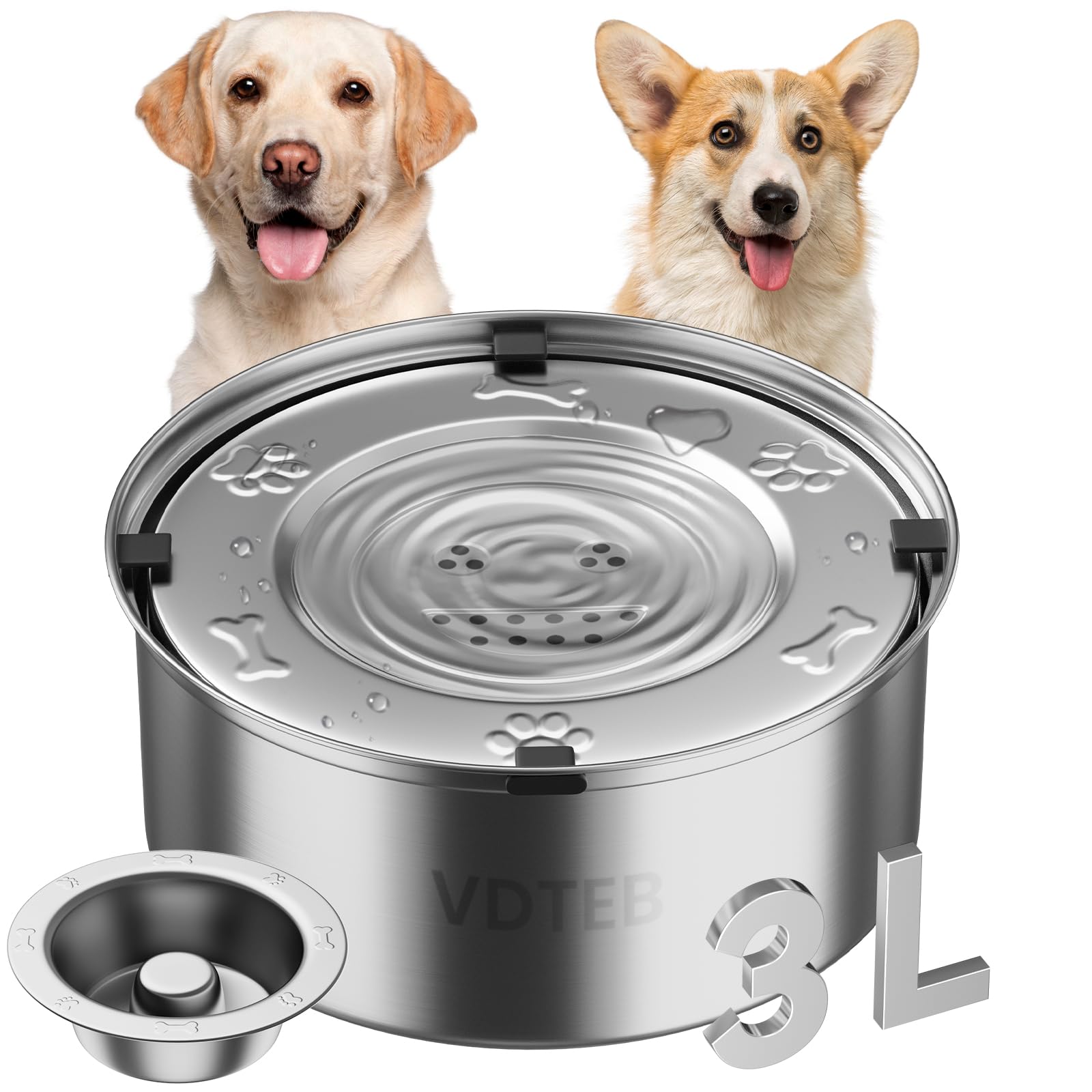 VDTEB dog water bowl no-spill disk reduces splashing for cleaner floors.