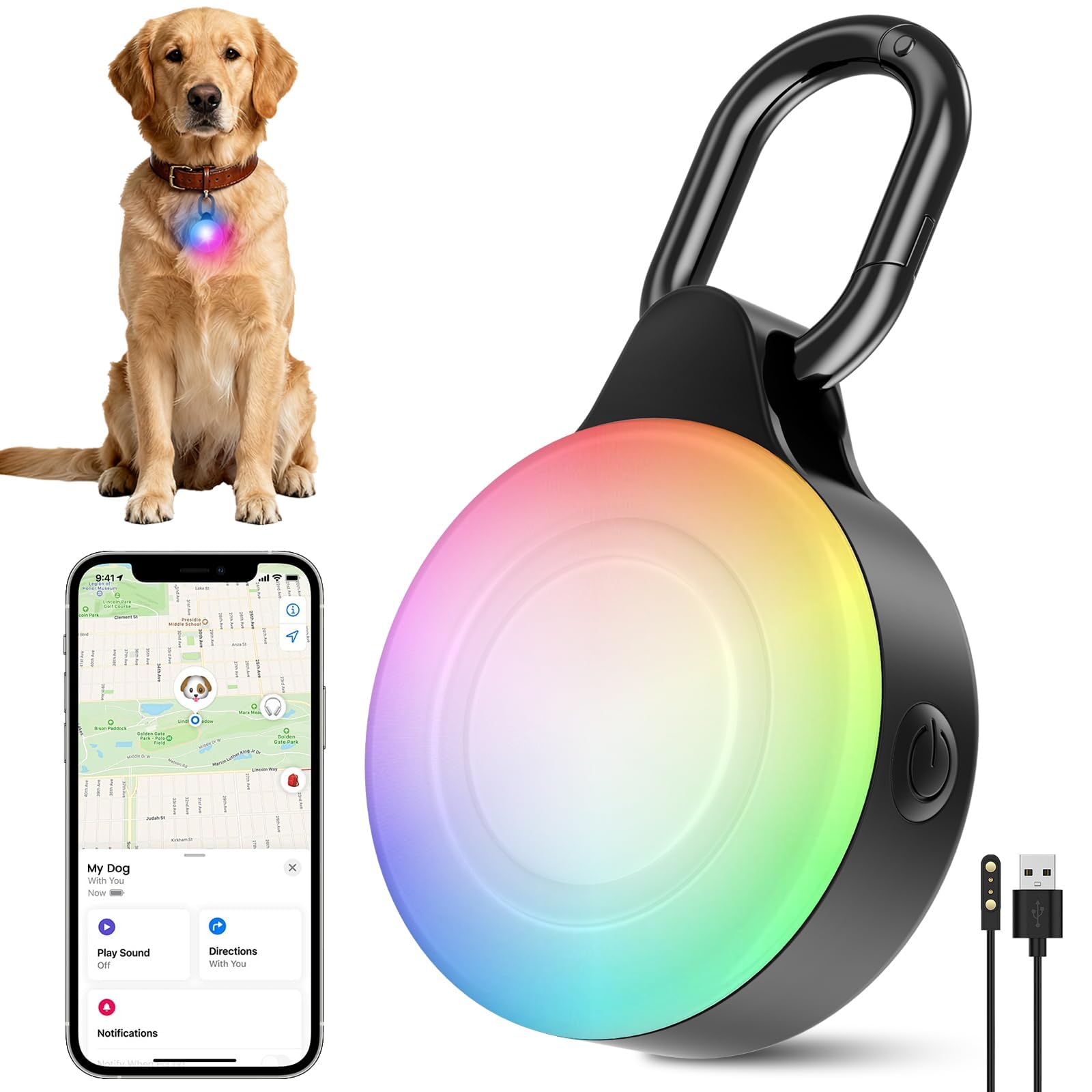 Vebiso 2-in-1 GPS Tracker Dog Light front view enhances night visibility
