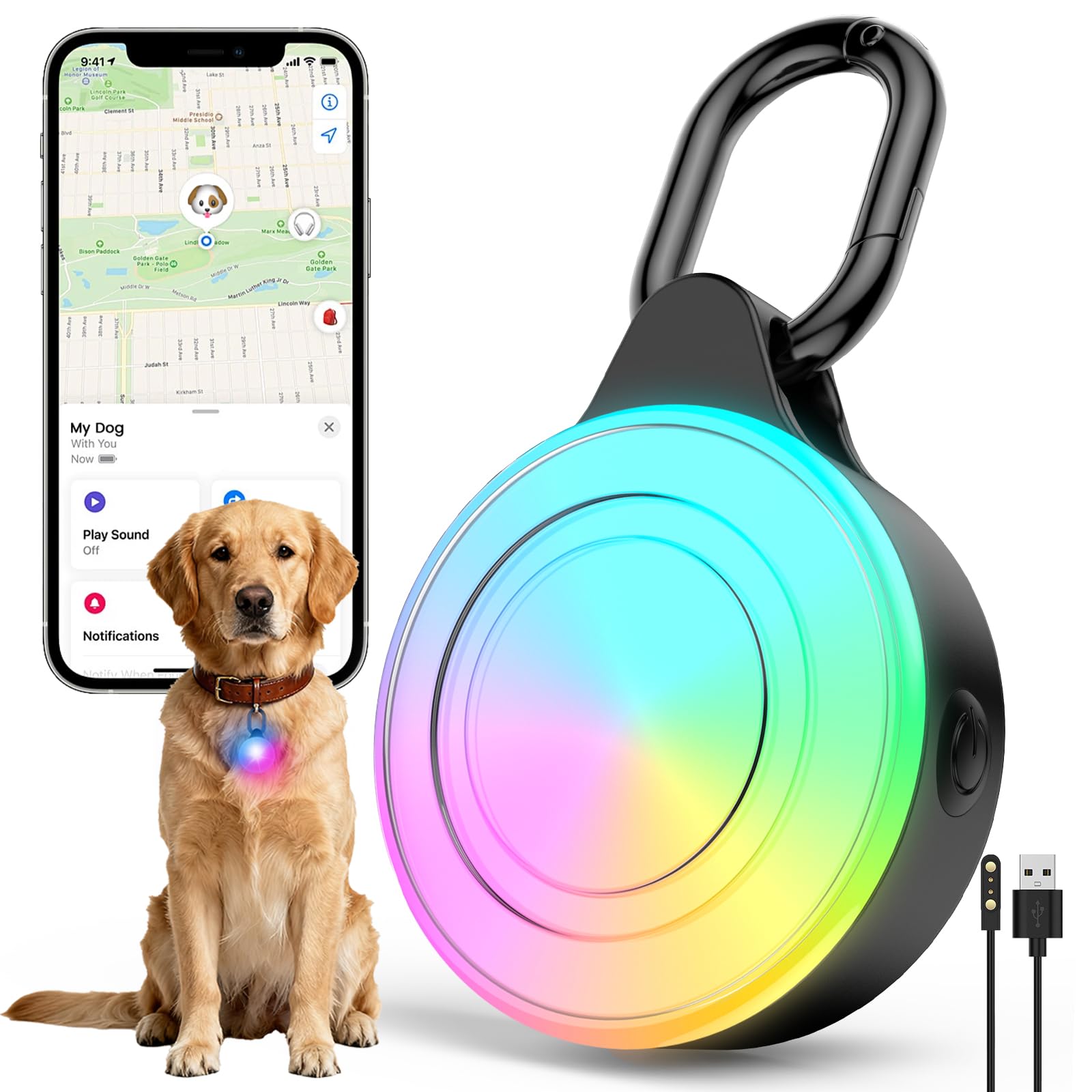 Vebiso 2-in-1 GPS tracker dog light front view shows night visibility for safe walks