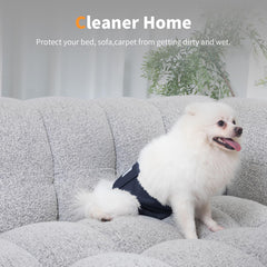 Vecomfy belly band worn on a dog demonstrating easy-on wrap design and mess reduction