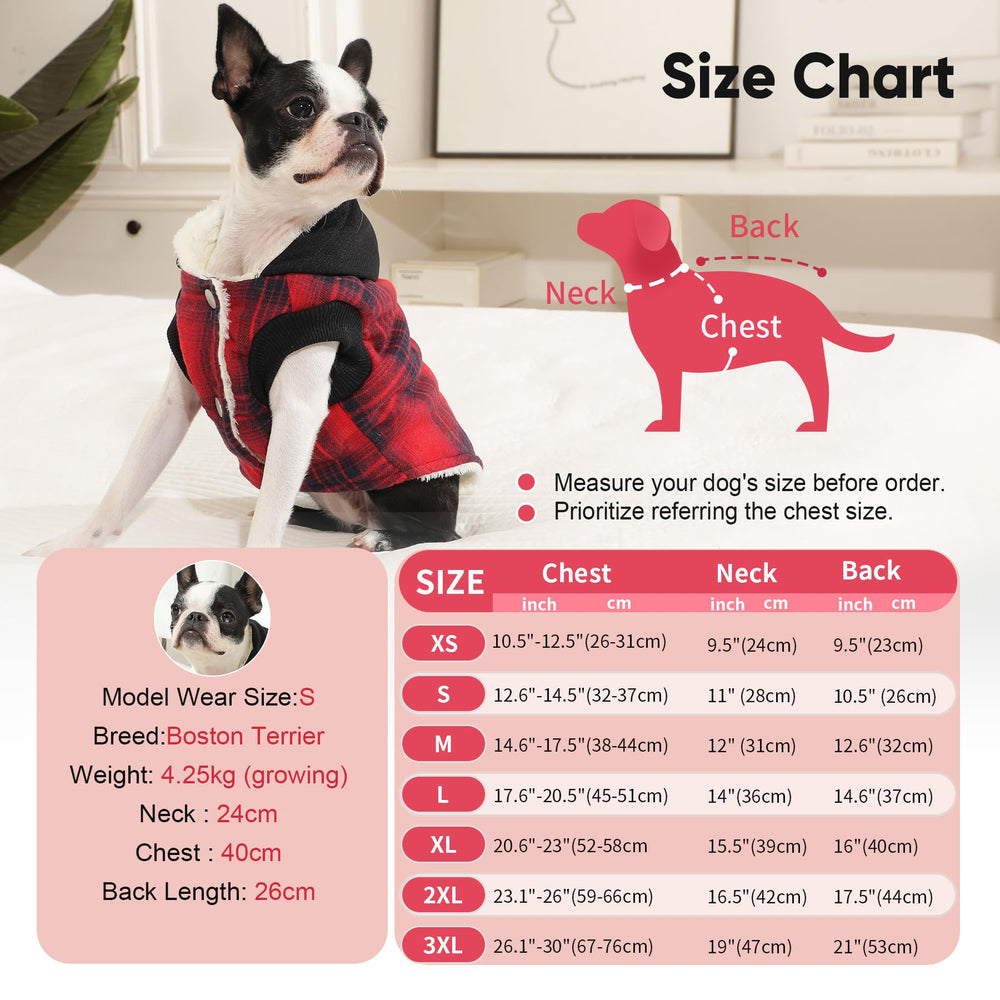 Vecomfy-dog-hoodie-back-view-red-m highlights plaid outer fabric and style.