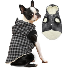 Vecomfy fleece-lined dog hoodie plaid close-up showing fleece warmth for winter walks