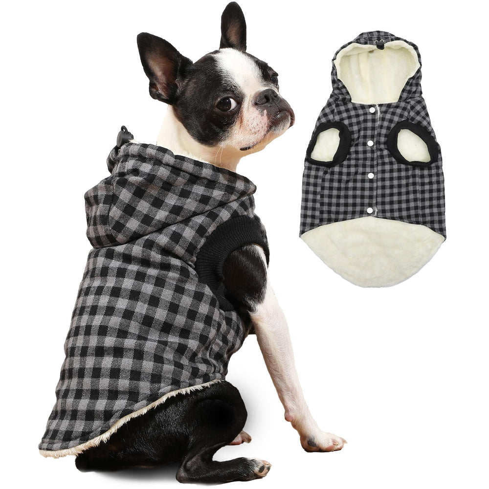 Vecomfy fleece dog hoodie on model demonstrates plaid warmth for winter walks
