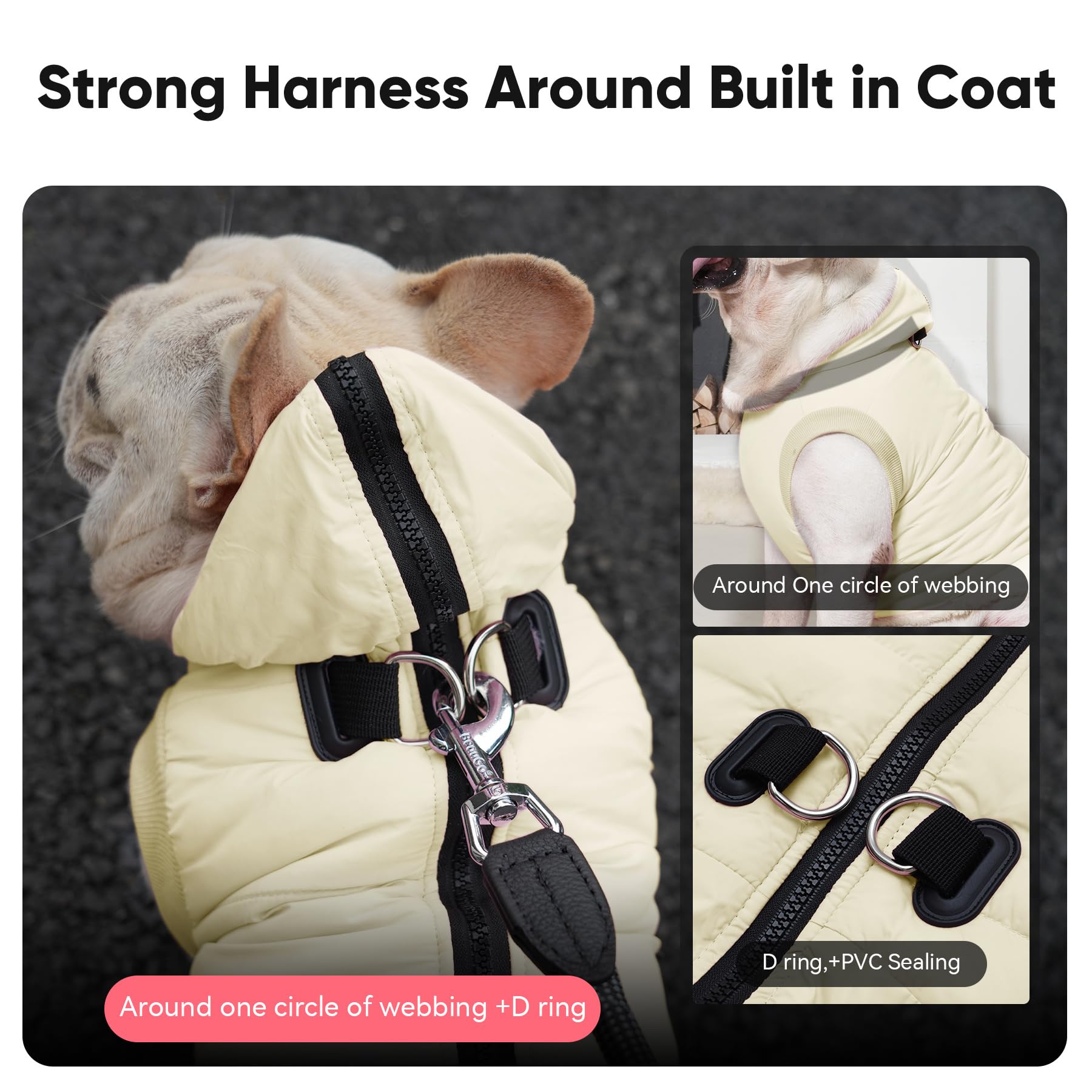 Vecomfy dog hoodie harness detail highlights secure chest-based attachment and sturdy design.