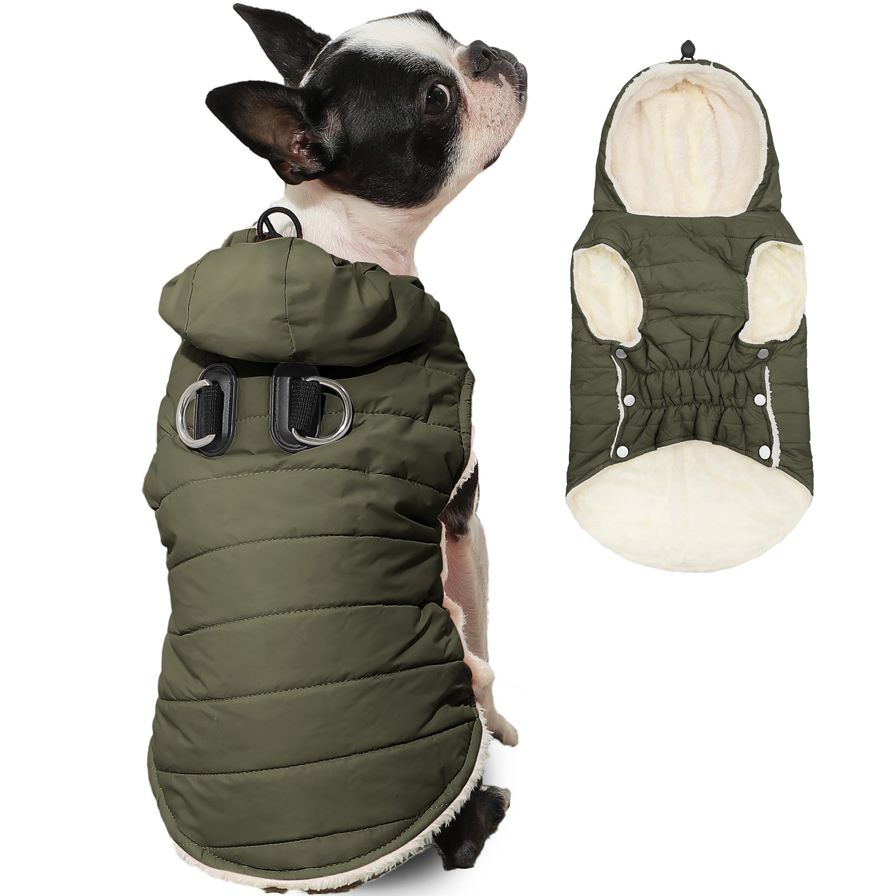 Vecomfy fleece-lined dog hoodie with built-in harness in front view offers secure winter walks.