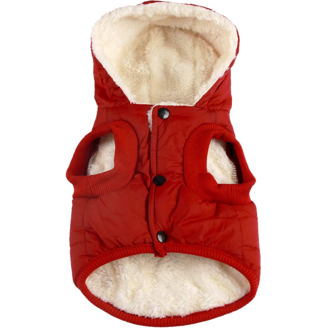 Vecomfy fleece-lined hoodie front view showcasing warm red coat for small dogs