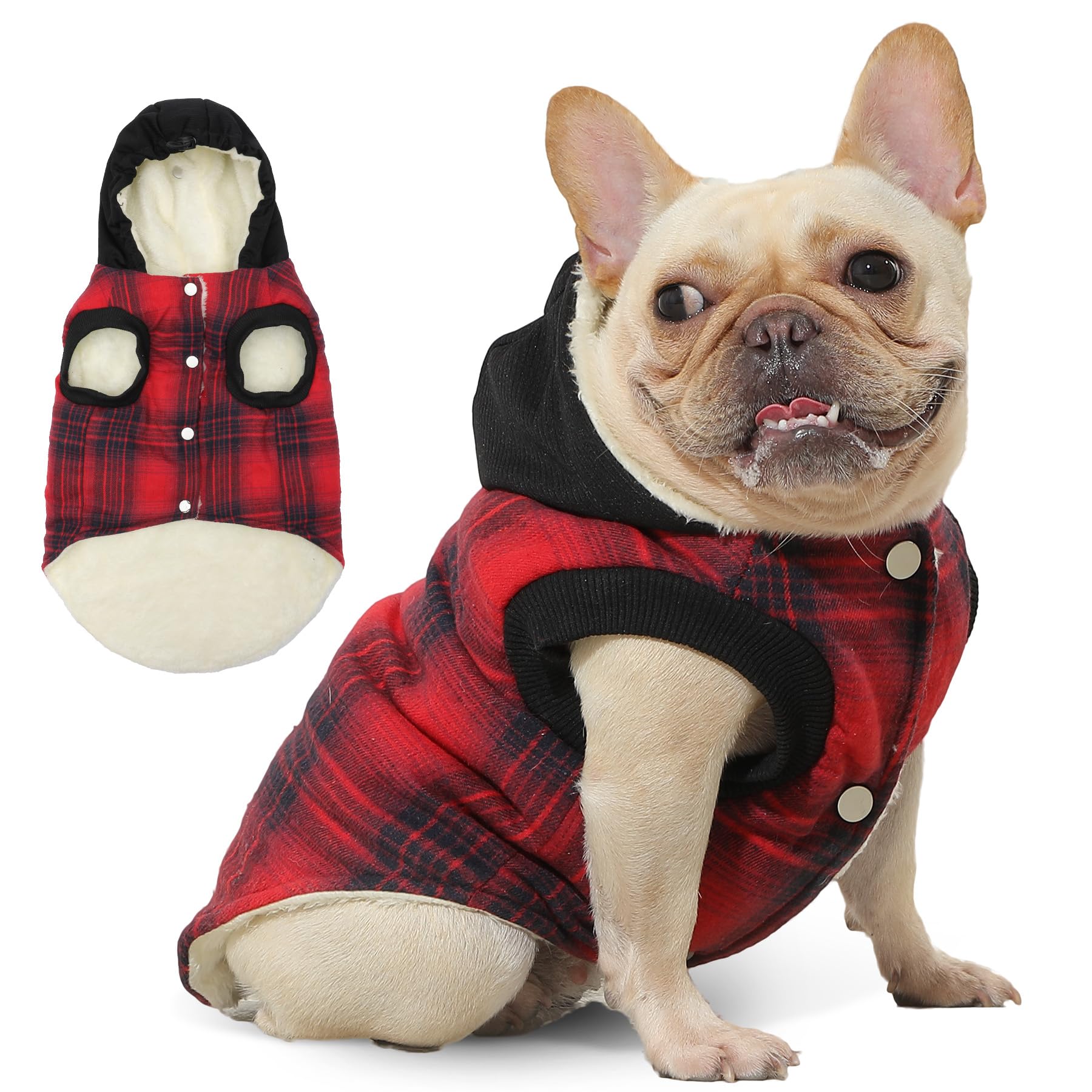 Vecomfy fleece-lined dog hoodie in red; keeps medium dogs warm on cold walks.