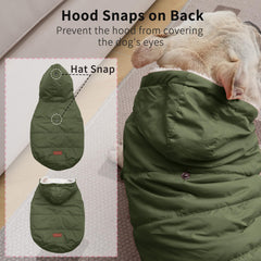 Vecomfy fleece-lined back view highlights hooded green dog coat