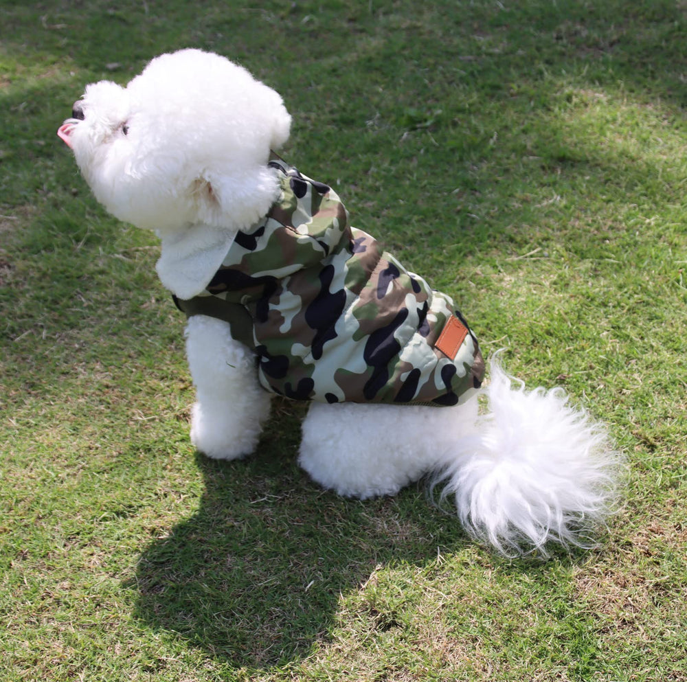 Vecomfy green camo dog jacket on outdoor dog for stylish warmth