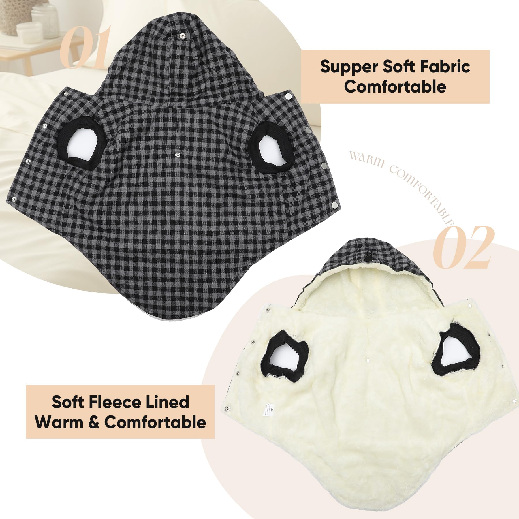 Vecomfy plaid fabric dog coat close-up highlighting style and durability.