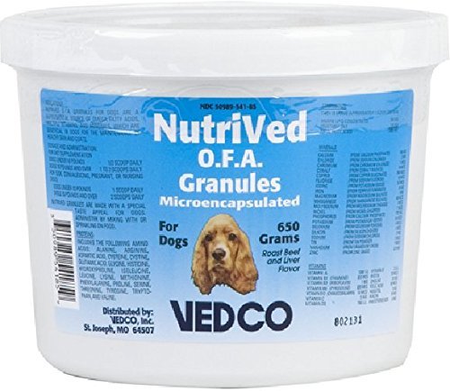 Vedco Nutrived O.F.A. granules for dogs in a tub supporting healthy skin and coats.