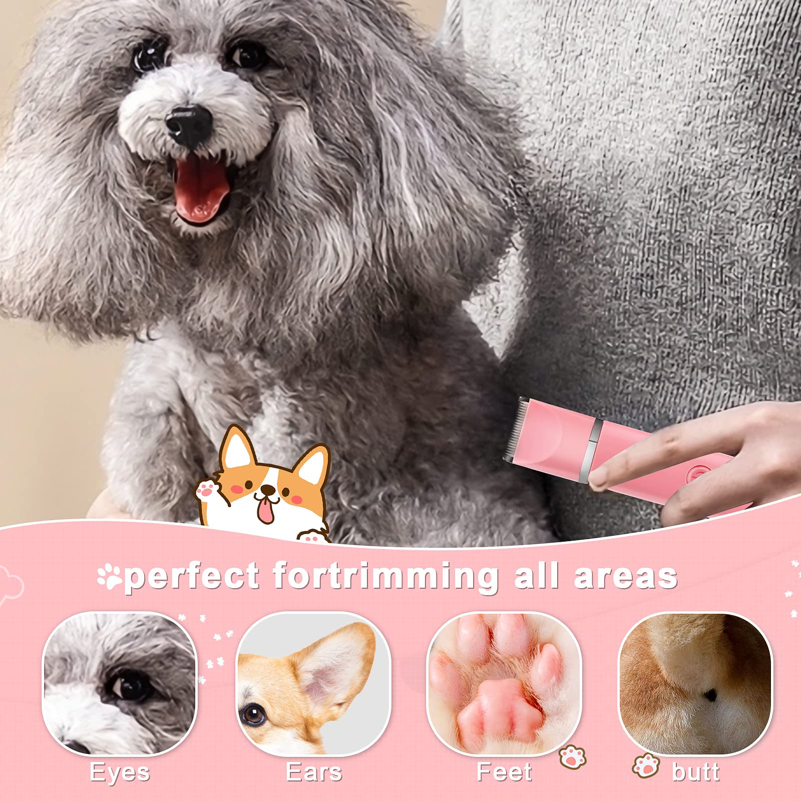 Veeconn dog grooming clippers kit pink charging scene, built-in battery for flexible grooming.