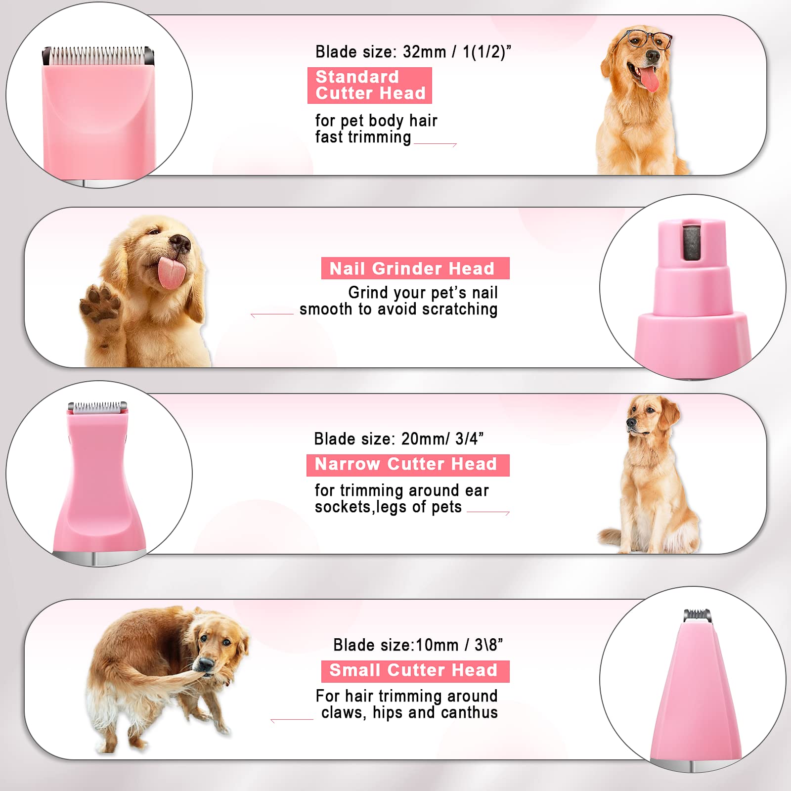 Veeconn dog grooming clippers kit pink side view, whisper-quiet operation for stress-free trimming.