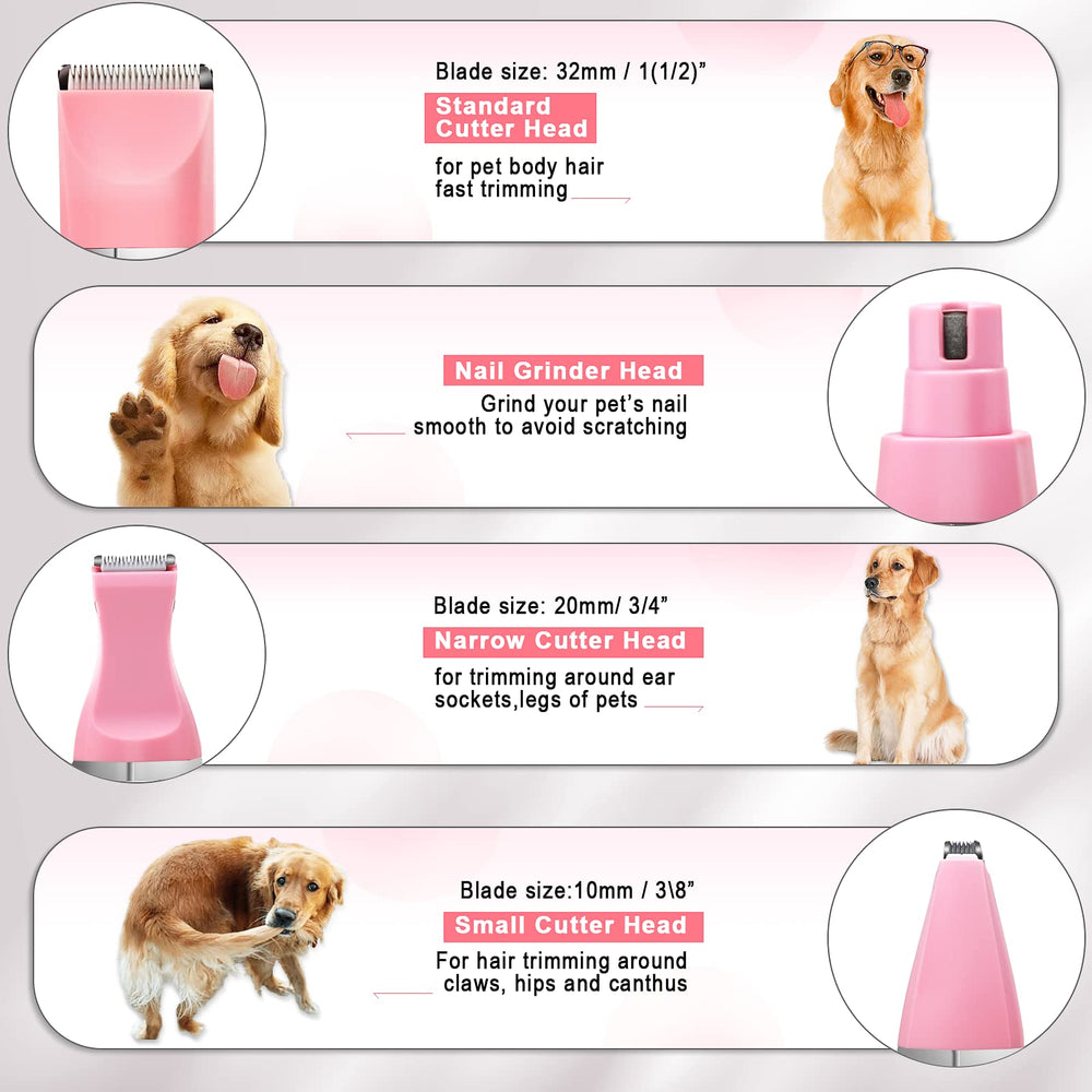 Veeconn dog grooming clippers kit pink side view, whisper-quiet operation for stress-free trimming.