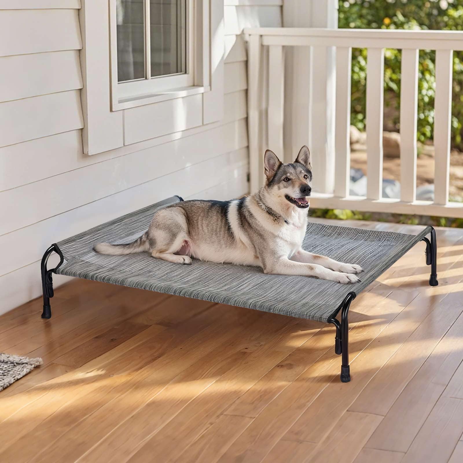 Veehoo Outdoor Elevated Dog Bed large dog use-case shows big breeds resting outdoors
