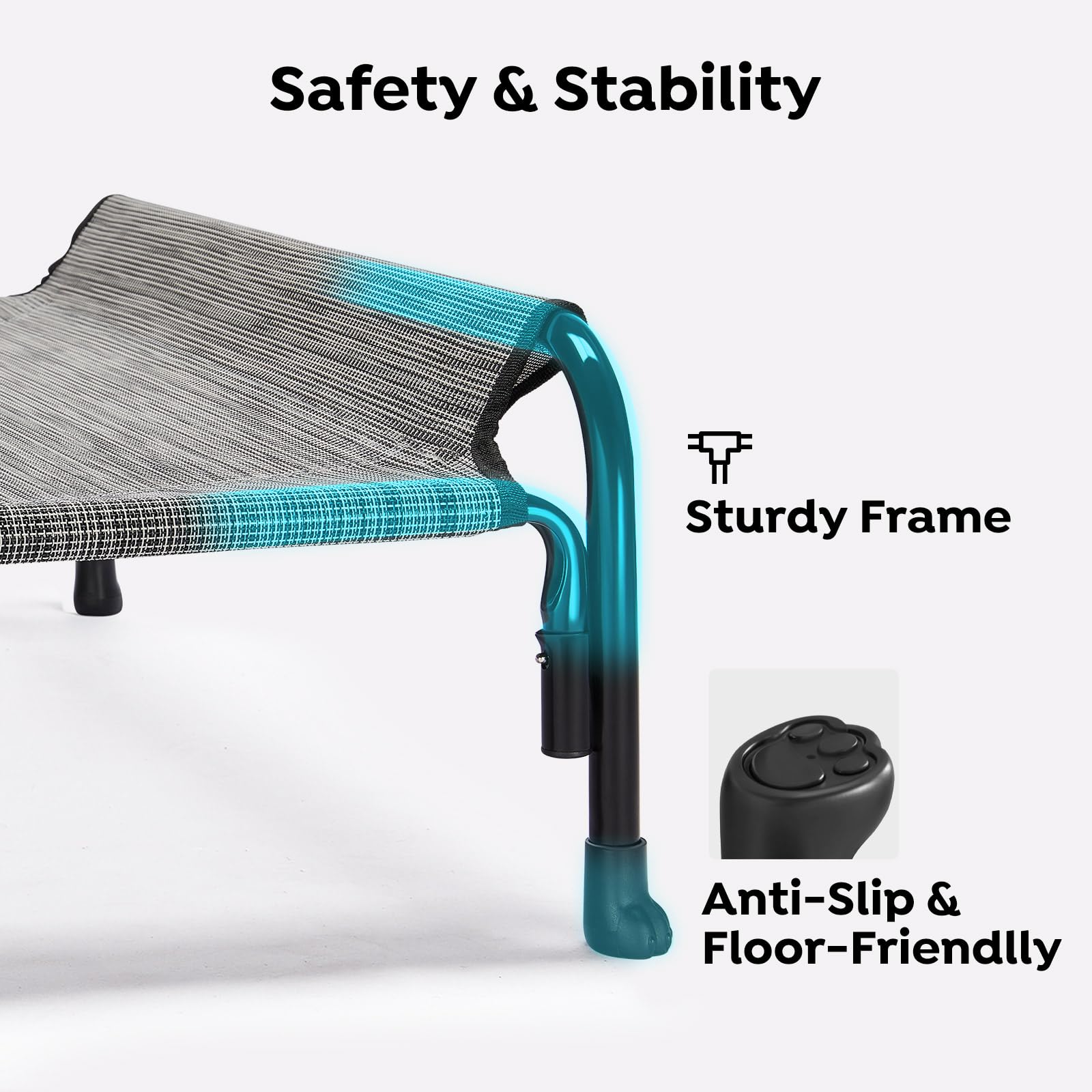 Veehoo Outdoor Elevated Dog Bed textilene mesh closeup emphasizes breathable cooling and drainage
