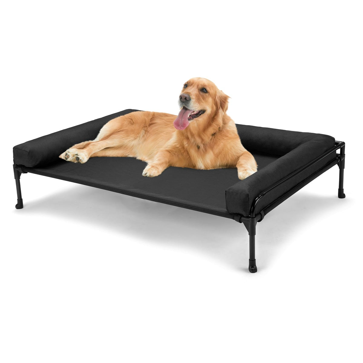 Veehoo elevated dog bed outdoors with cooling mesh for hot days.