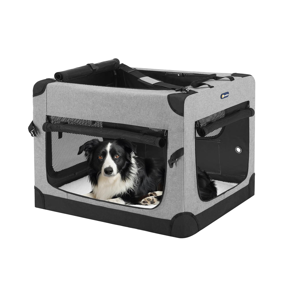 Veehoo 30-inch folding soft dog crate setup showing easy tool-free assembly for quick trips