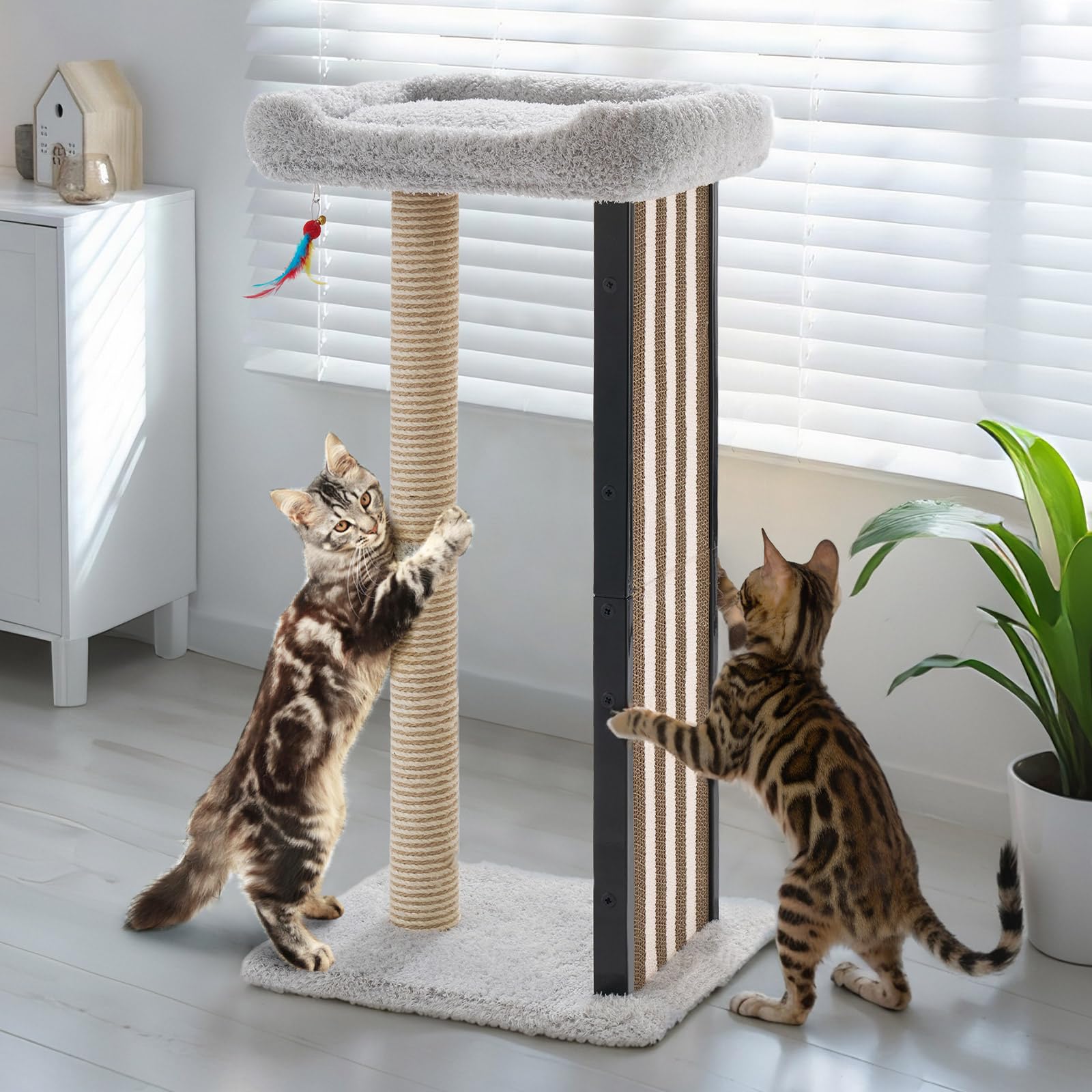 Veehoo 35-inch tall cat scratching post with plush top bed offers a comfy perch for indoor cats.