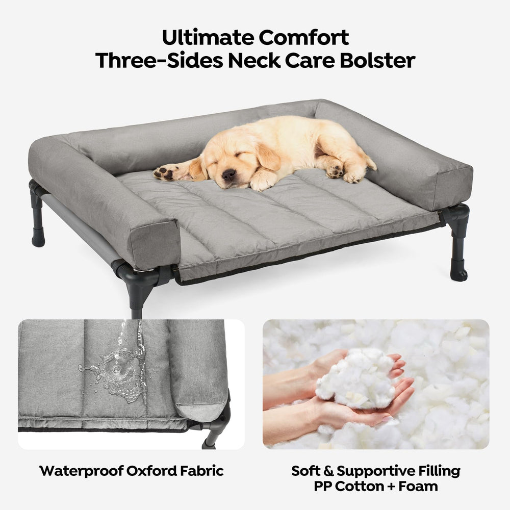 Veehoo bolster pillow-top mat focuses on neck support and secure fit for pets.