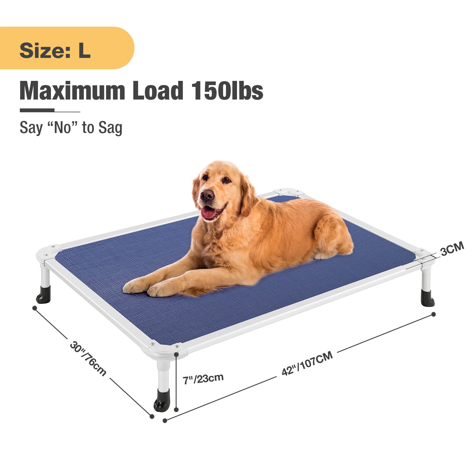 Veehoo bed's anti-slip feet stabilize on patios and indoor floors.