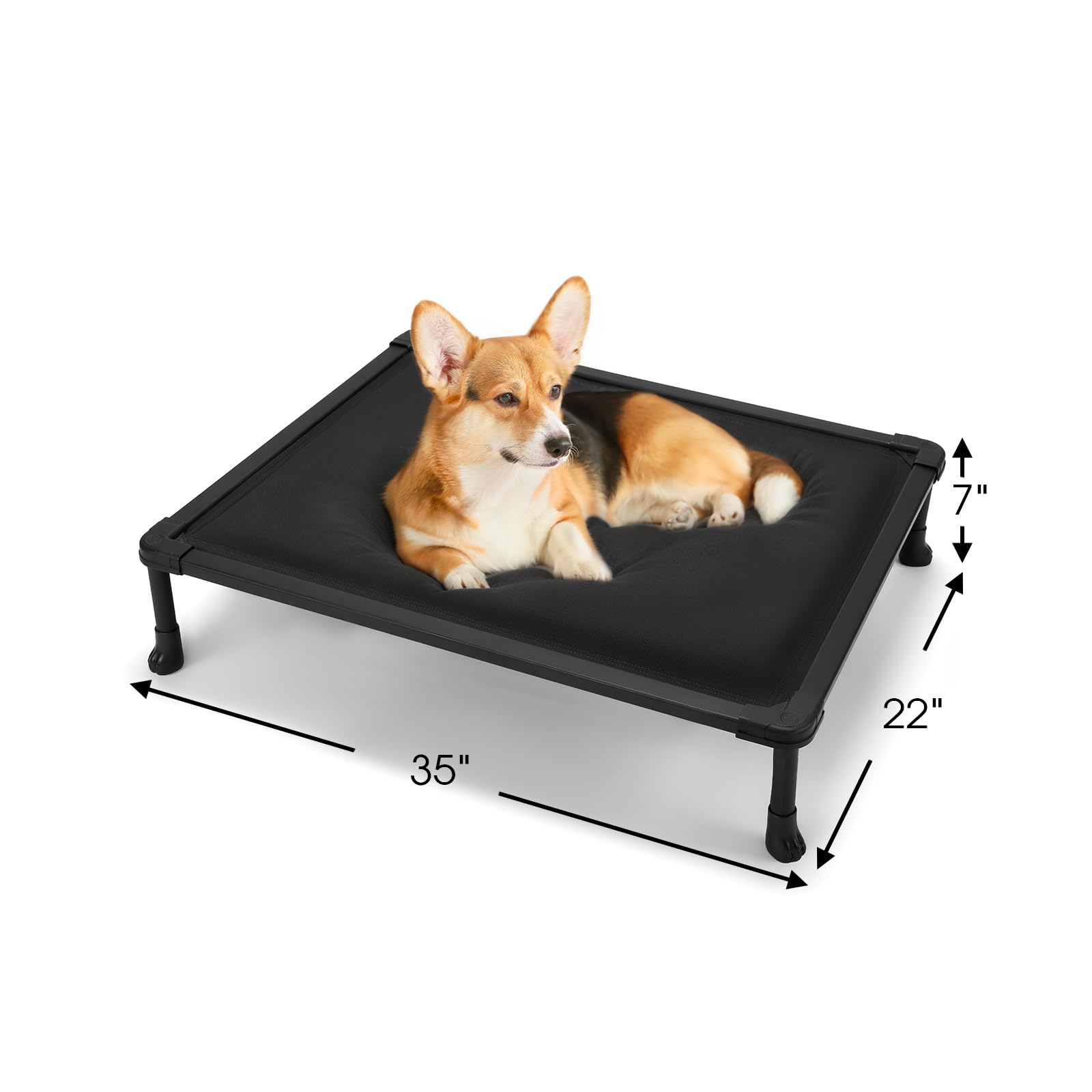 Veehoo Chew-Proof Elevated Bed indoor-outdoor usage shown for versatile lounging.