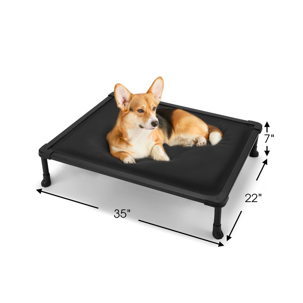 Veehoo Chew-Proof Elevated Bed indoor-outdoor usage shown for versatile lounging.
