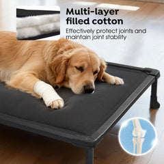 Veehoo Chew-Proof Elevated Bed metal-frame close-up highlights chew-resistant construction.