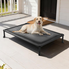 Veehoo chewproof elevated dog bed assembly shows quick setup for home or travel comfort.