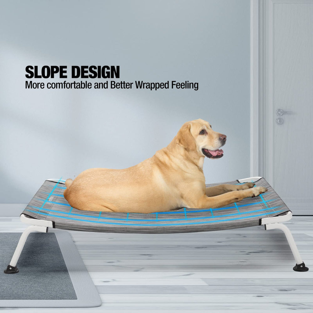 Veehoo curved off-ground dog bed promotes clean lounging away from dirt