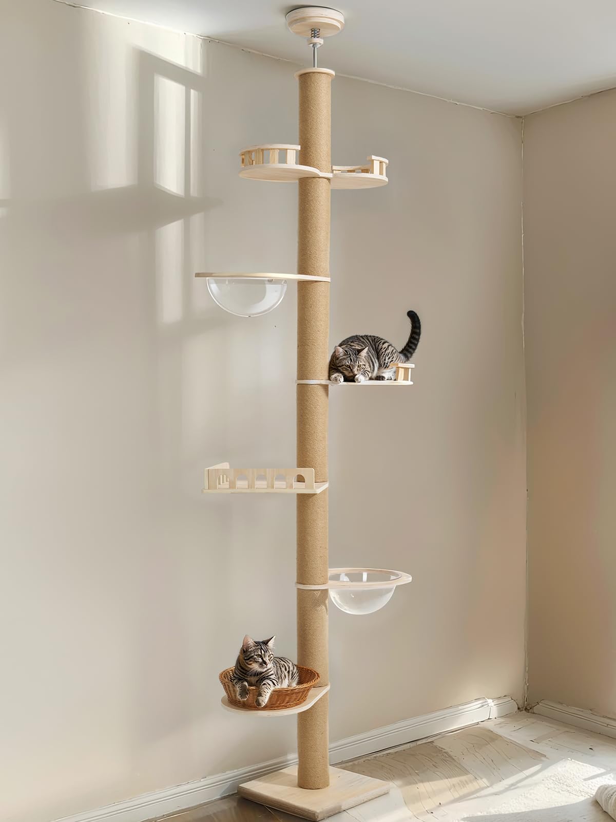Veehoo floor-to-ceiling cat tree showing tool-free assembly for quick setup