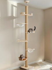 Veehoo floor-to-ceiling cat tree showing tool-free assembly for quick setup