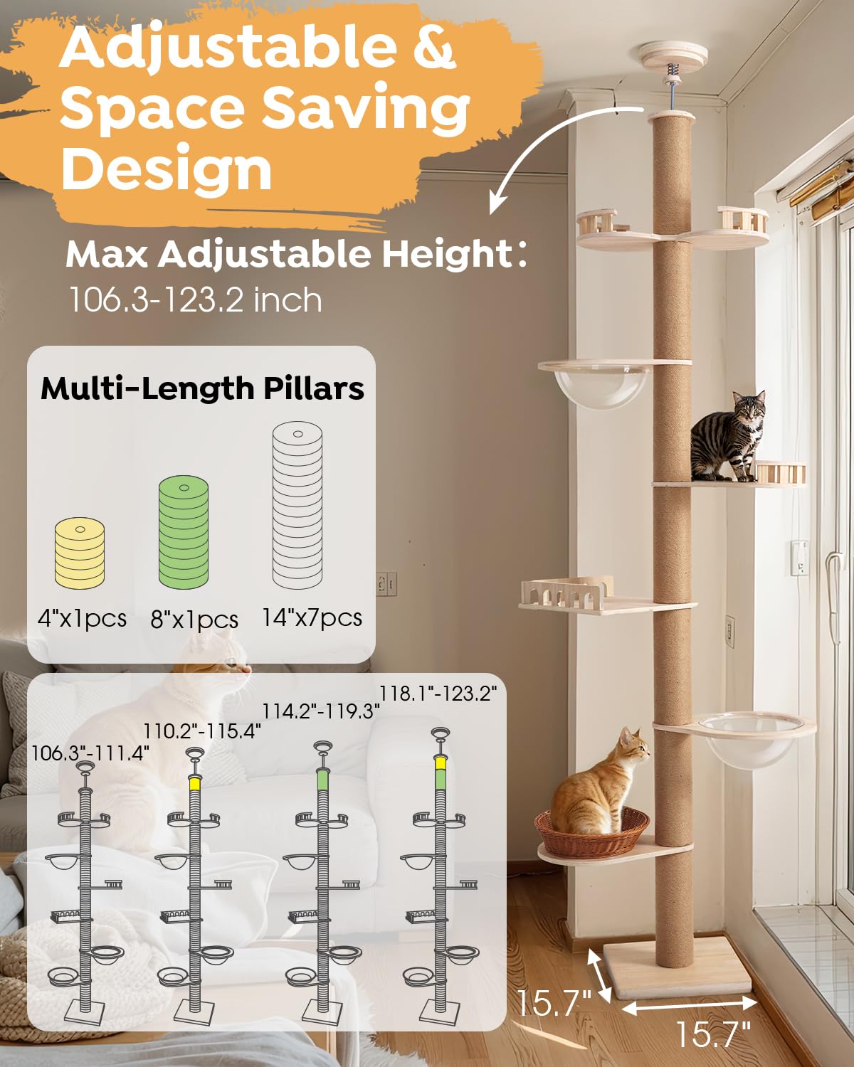 Veehoo cat tree height adjustment demonstrates 106-123 inch range for fit rooms