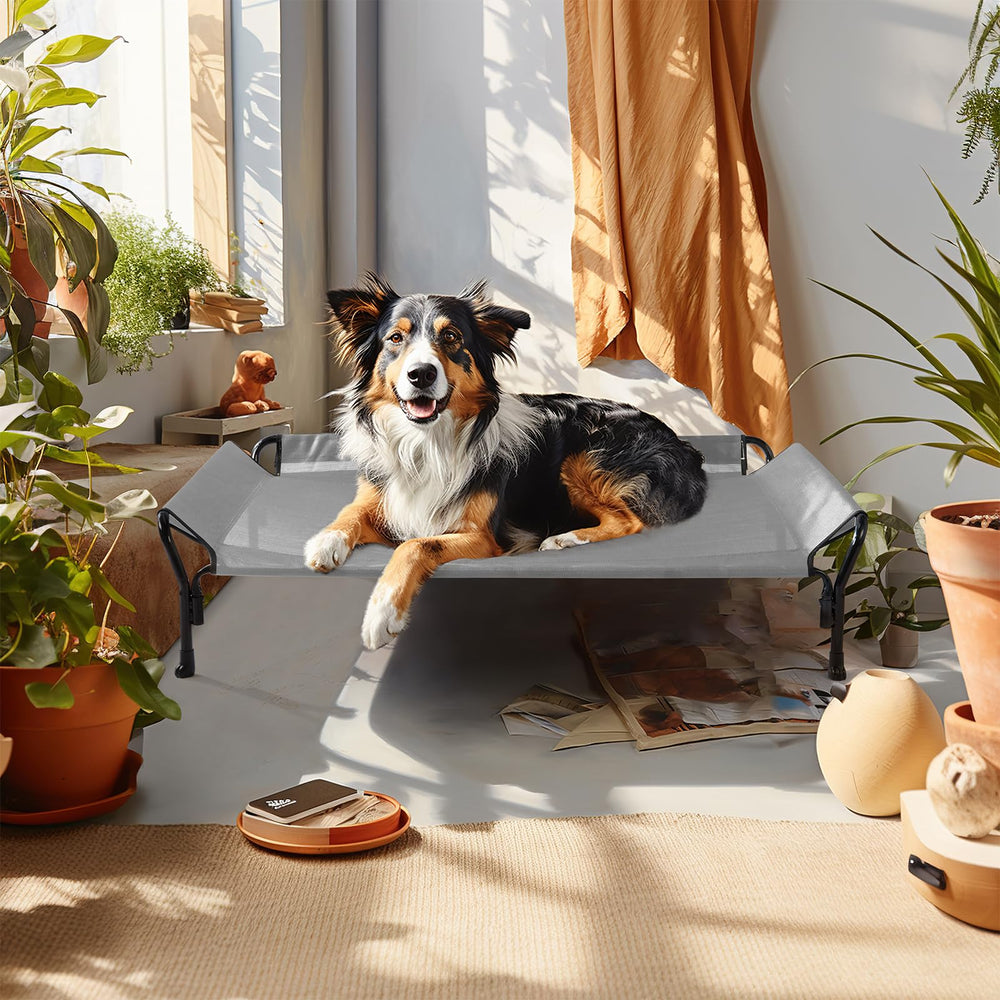 Veehoo indoor outdoor portable dog bed shown ready for indoor or outdoor use
