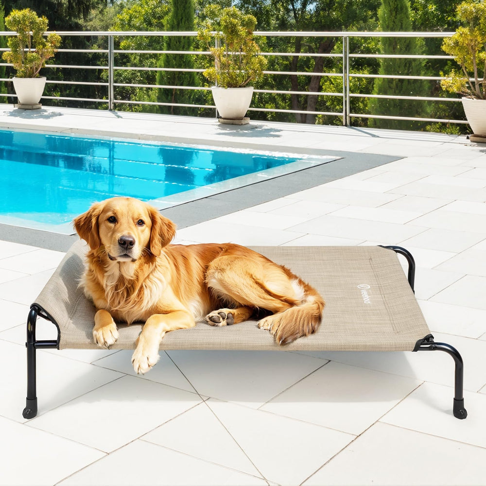 Veehoo dog bed in-use on patio capturing easy setup and breathable comfort.