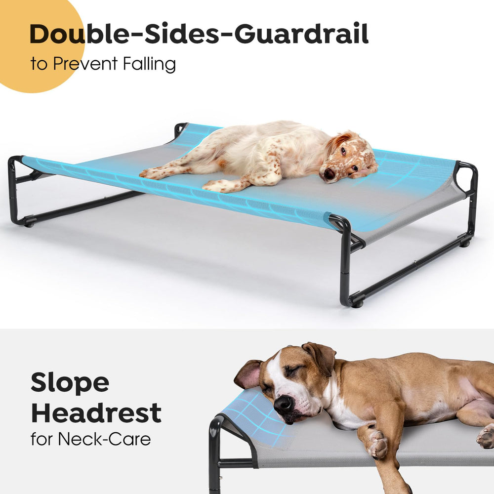 Veehoo Original Outdoor elevated dog bed side view showing breathable mesh for cooling comfort