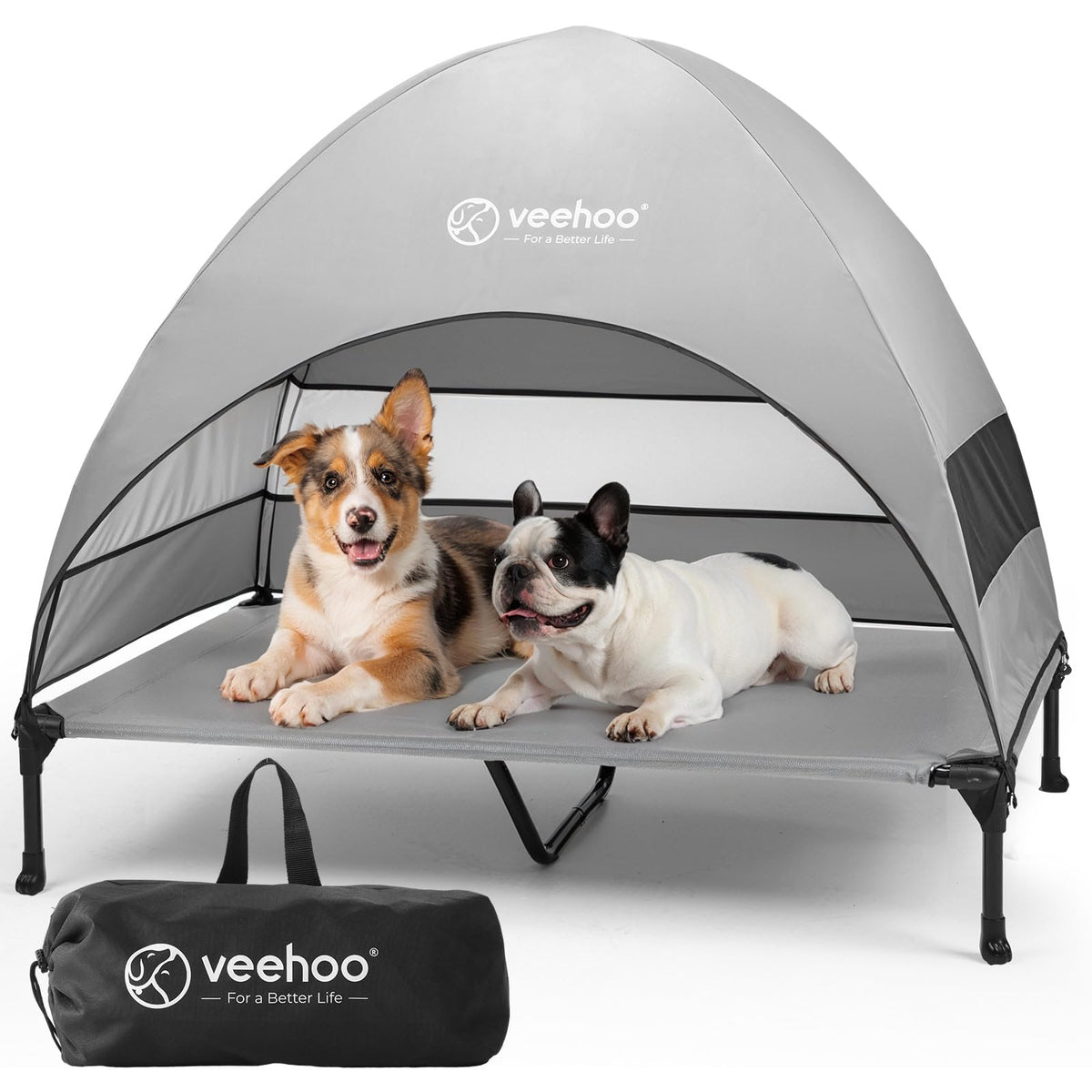 Veehoo Outdoor Dog Bed with Canopy setup view provides quick shade for outdoor adventures.