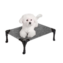 Veehoo outdoor elevated dog bed side view shows compact 22x17 frame for small dogs