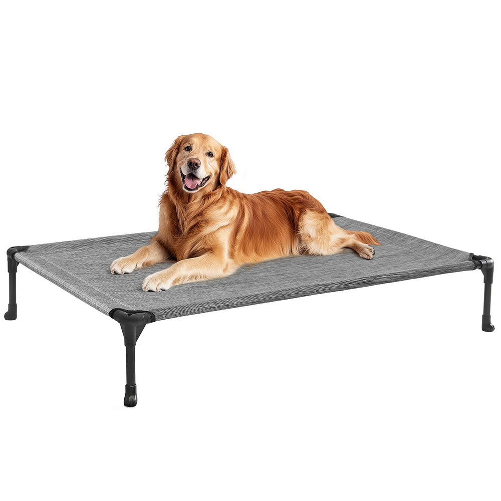 Veehoo outdoor elevated dog bed assembly shows quick setup with a sturdy frame