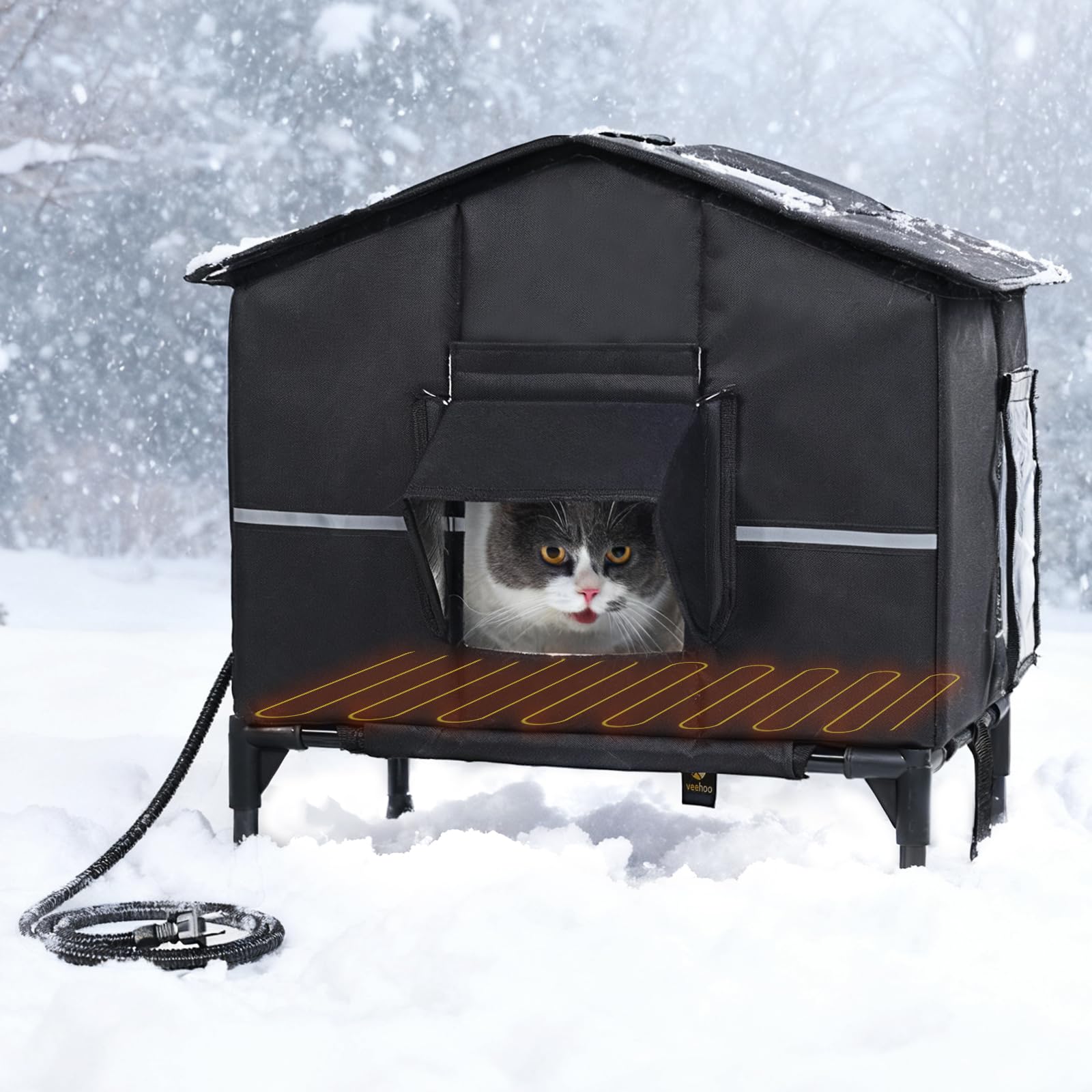 Veehoo outdoor heated cat house exterior offers weatherproof shelter for stray cats in harsh conditions.