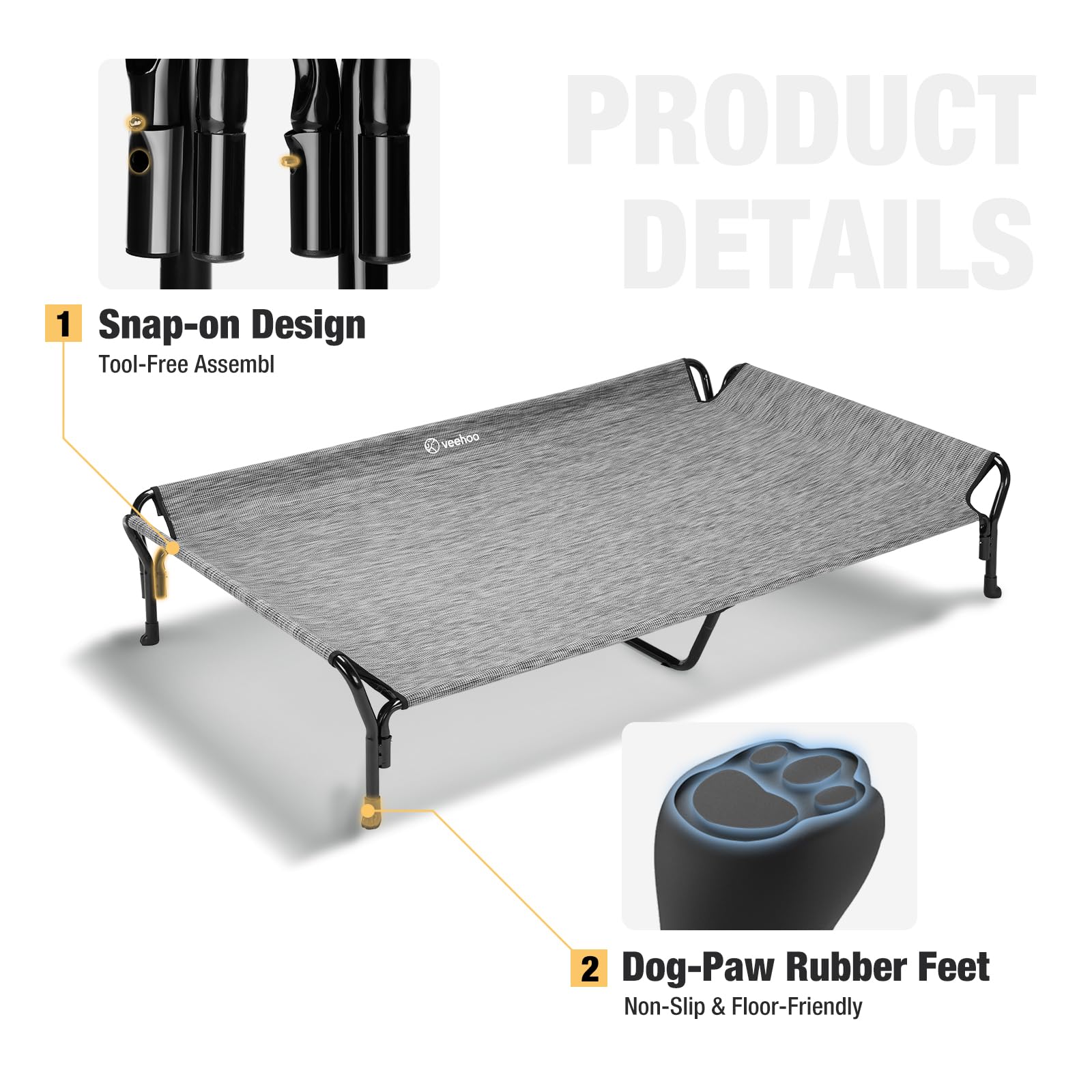 Veehoo snap-on assembly illustrates tool-free setup in seconds