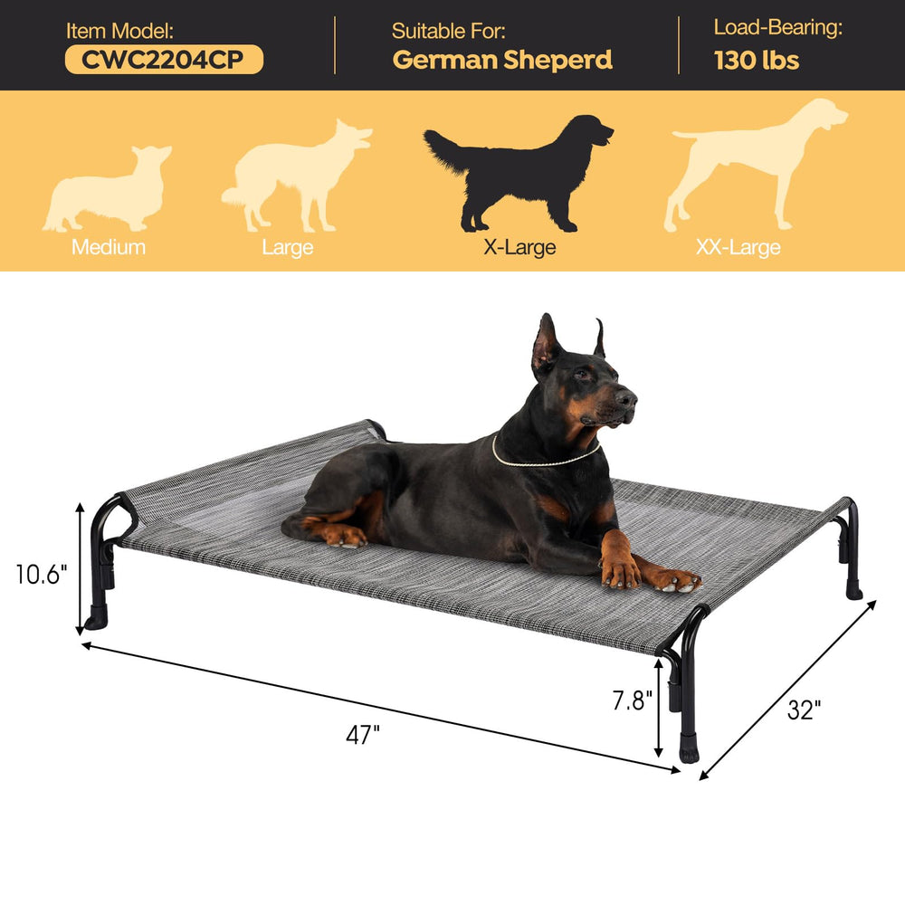 Veehoo XL dog-on-bed scene shows large breeds relaxing comfortably outdoors.