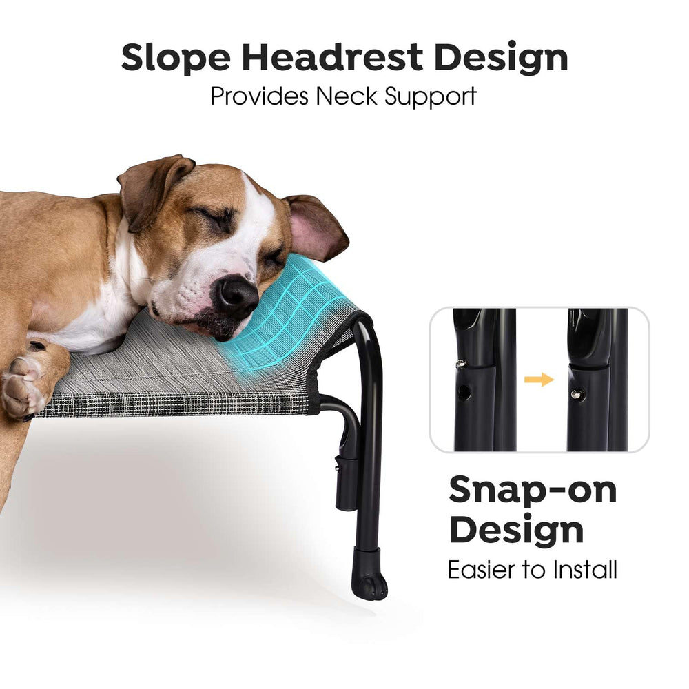 Veehoo XL outdoor elevated dog bed slope headrest provides neck support during rest.