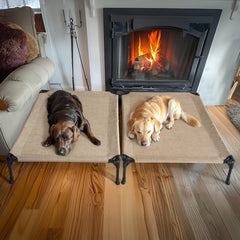Veehoo raised dog bed cooling mesh center promotes airflow for cooler naps.