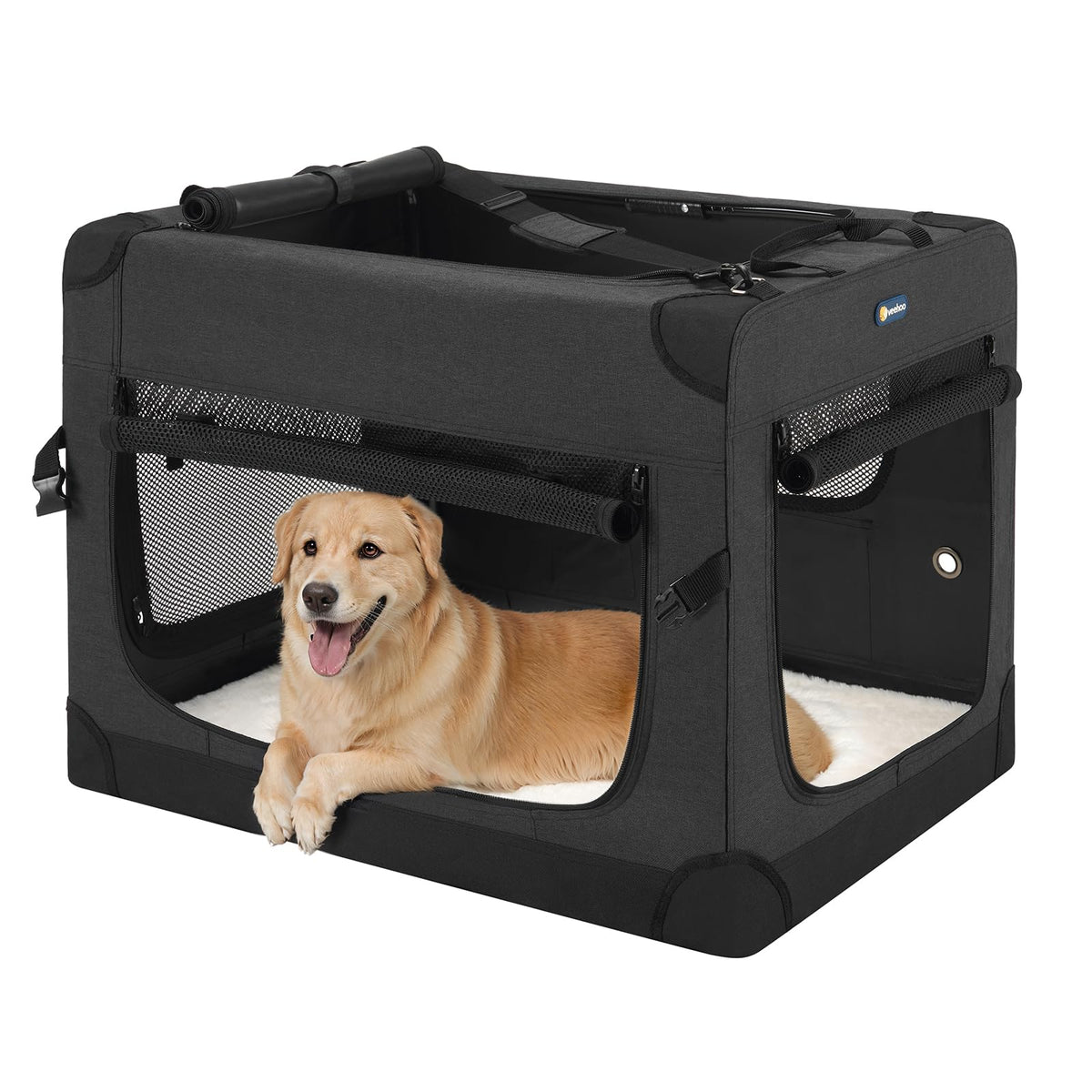Veehoo 36in folding soft-dog-crate setup shows stable frame for quick transport.