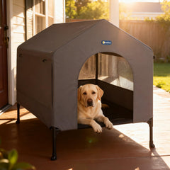 Veehoo 41-inch dog house with elevated bed offering a dry, comfortable perch outdoors.
