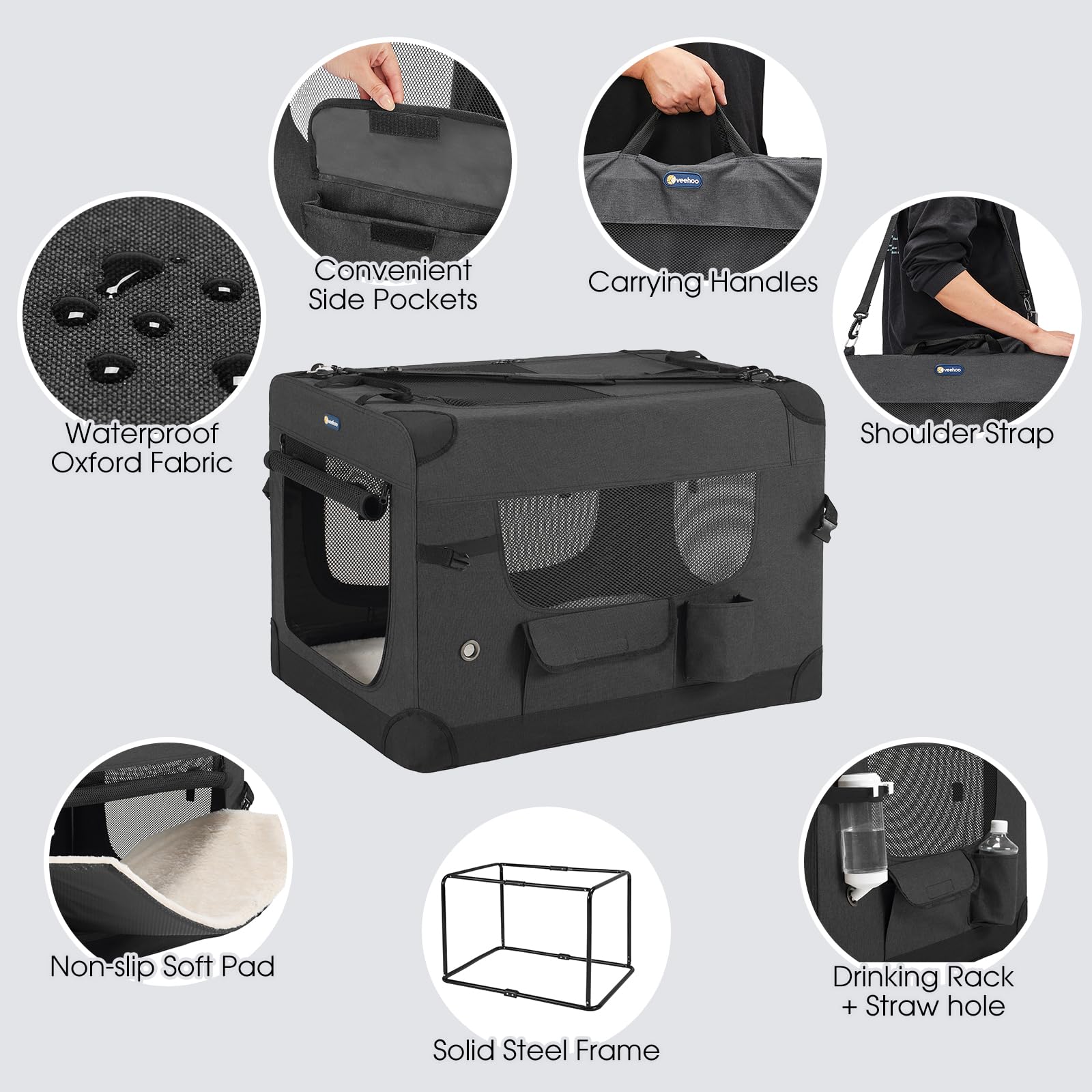Veehoo 600D oxford fabric highlights durable, water-resistant outer cover for indoor or outdoor use.