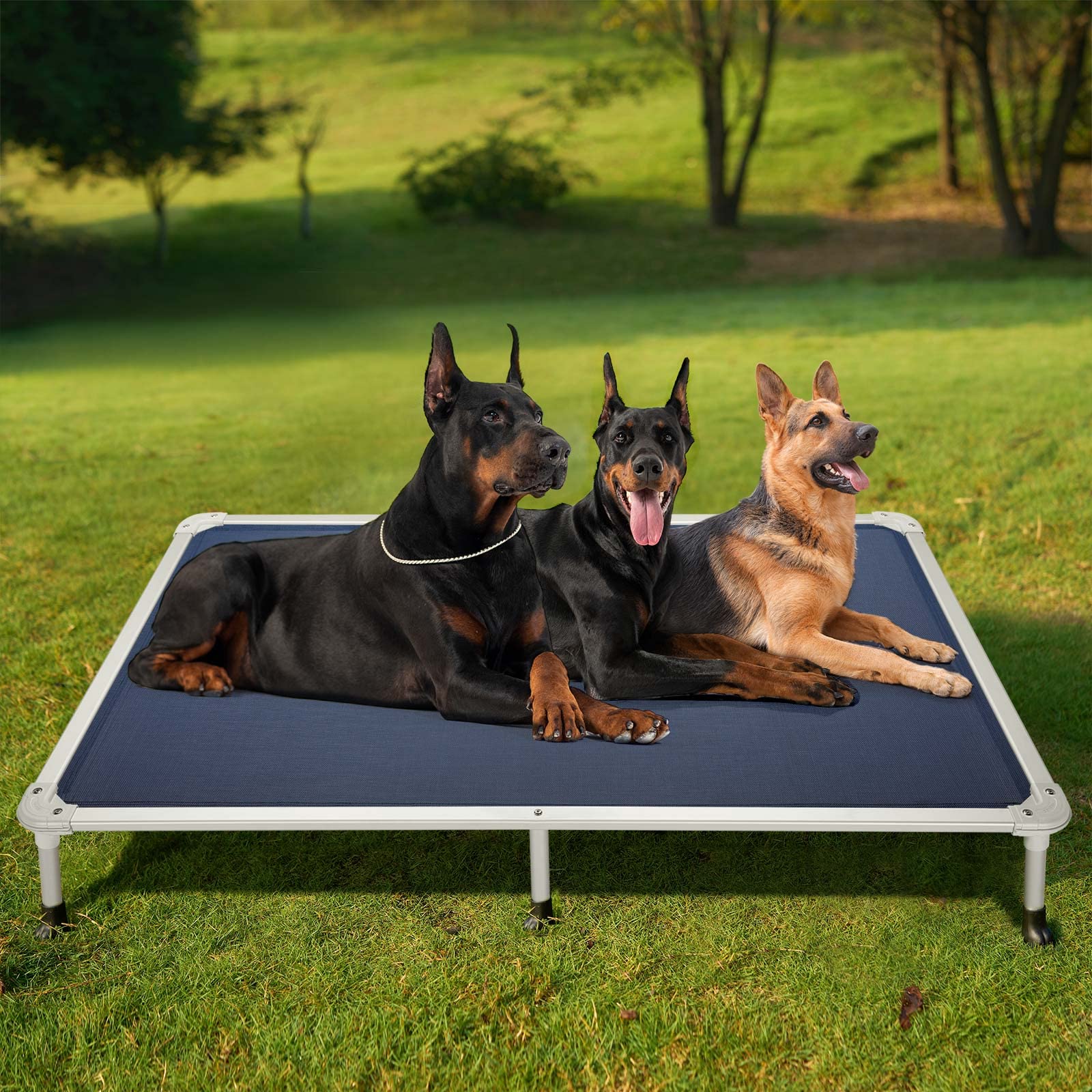 Veehoo blue XX-Large bed, elevated cooling cot for big dogs.