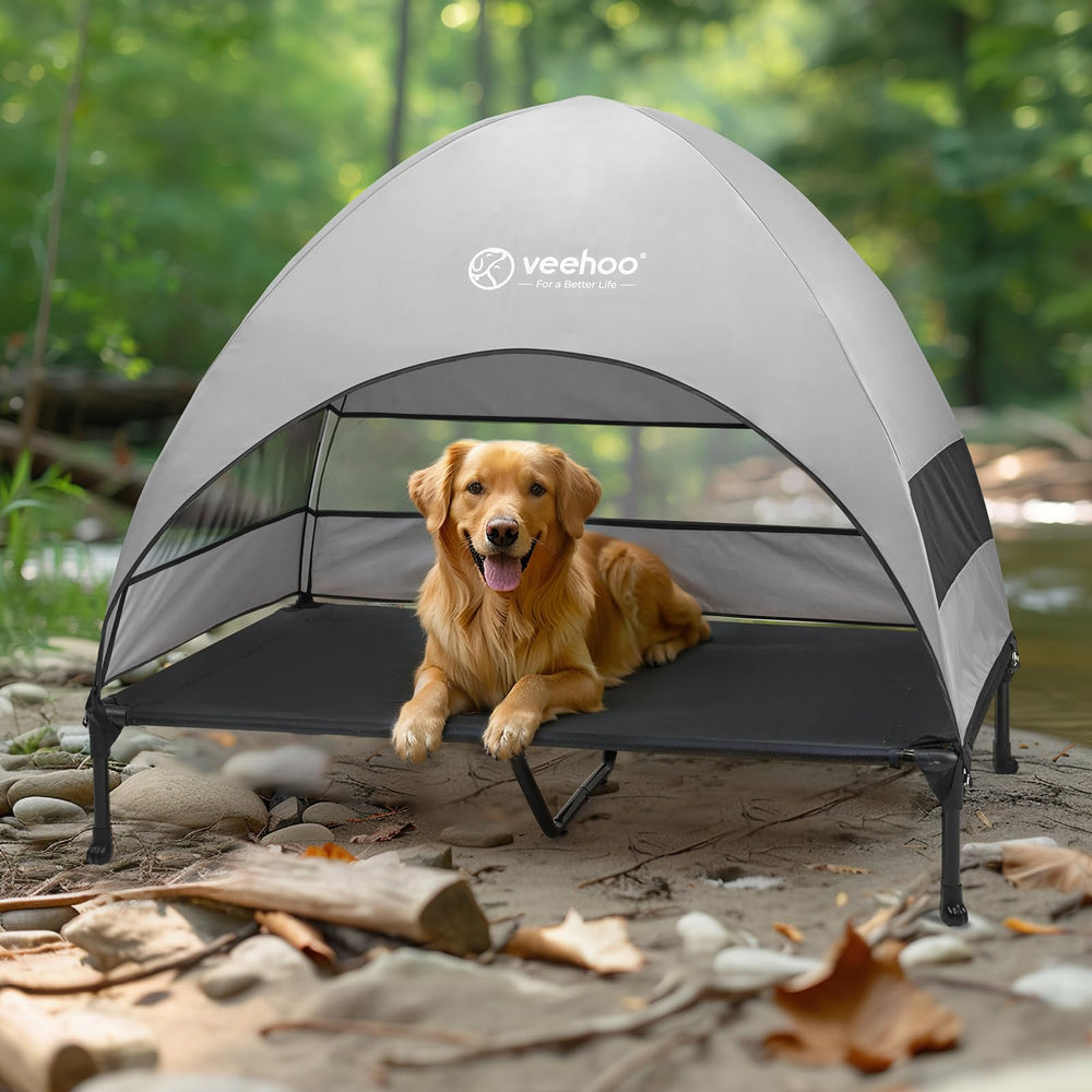 Veehoo camping/beach dog bed in use illustrating versatile outdoor setup