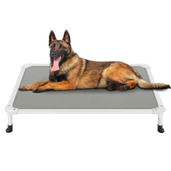 Veehoo chew-proof elevated bed frame in silver shows sturdy construction for durable indoor use.
